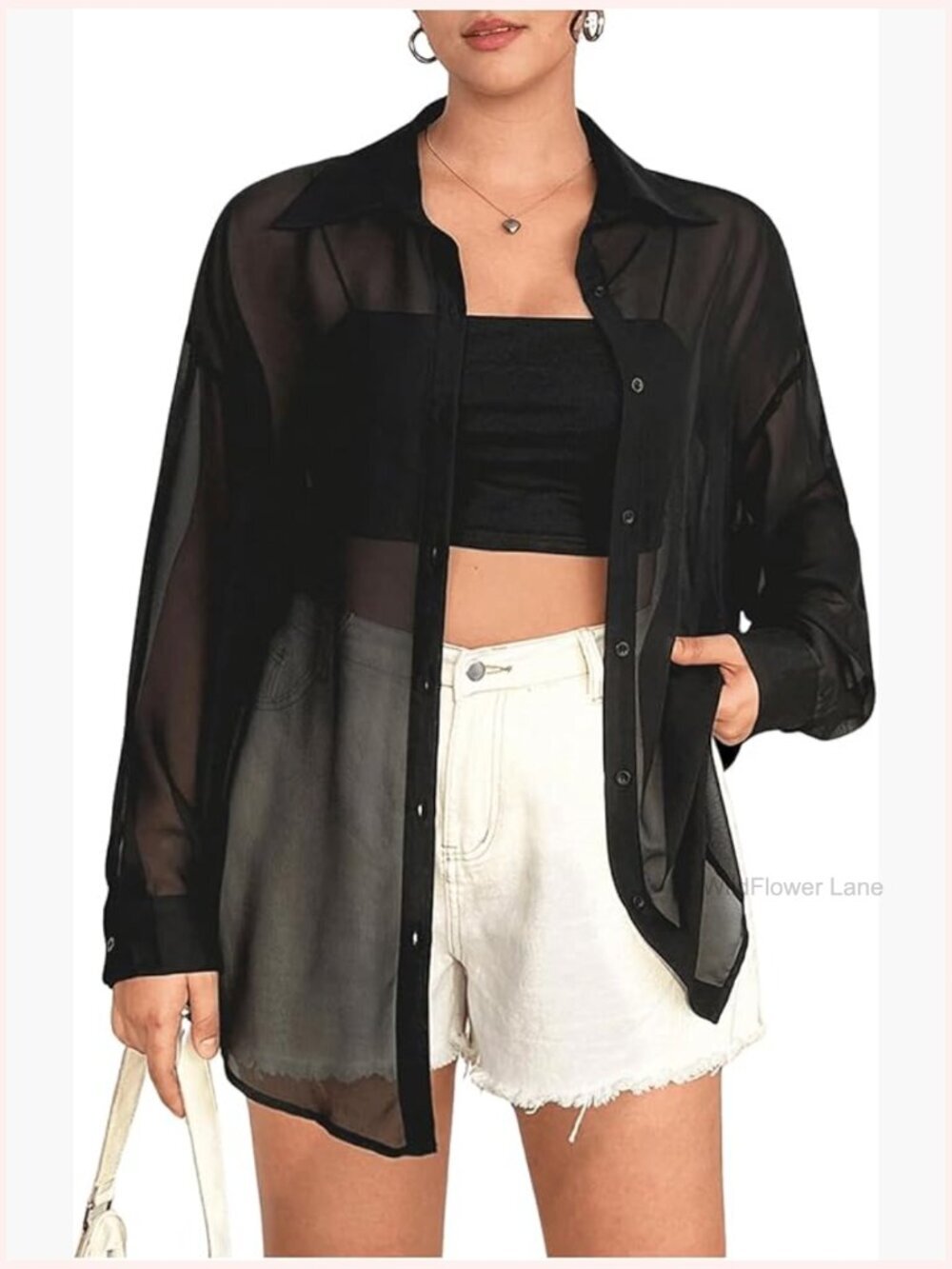 Plus Size Sheer Long Sleeve Button Down Blouse